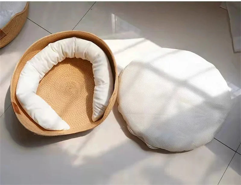 Pet Cat Mat Dog Bed Sofa Handmade Bamboo Weaving Four Season Cozy Nest Baskets Waterproof Removable Cushion Sleeping House